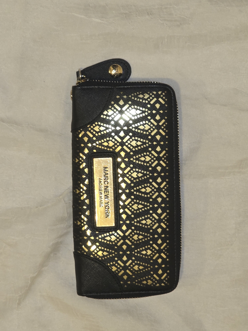 (2 For $30) Marc New York Black and Gold Zip-Around Laser-Cut Wallet
